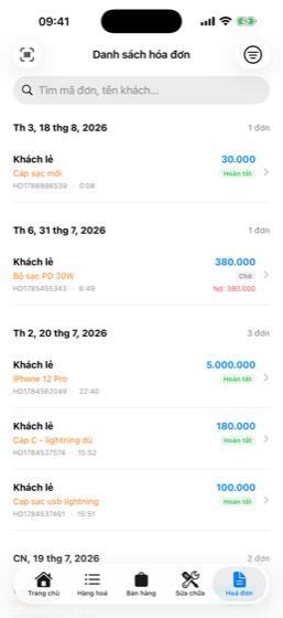 Danh sách hoá đơn, đơn nào còn nợ hiện rõ