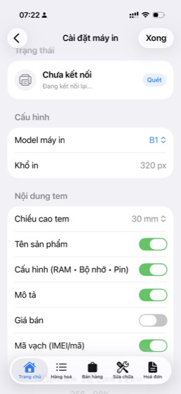 Màn cài đặt máy in tem: trạng thái kết nối, nút Quét, model máy in và khổ in