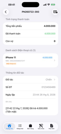 Phiếu nhập: tổng tiền, đã thanh toán, còn nợ