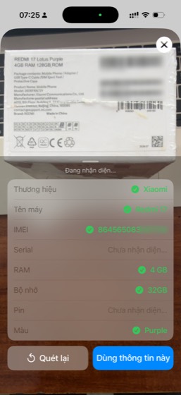 Quét tem trên vỏ hộp máy Android: app đọc ra thương hiệu, tên máy, IMEI, RAM, bộ nhớ, màu; ô Serial và Pin để trống